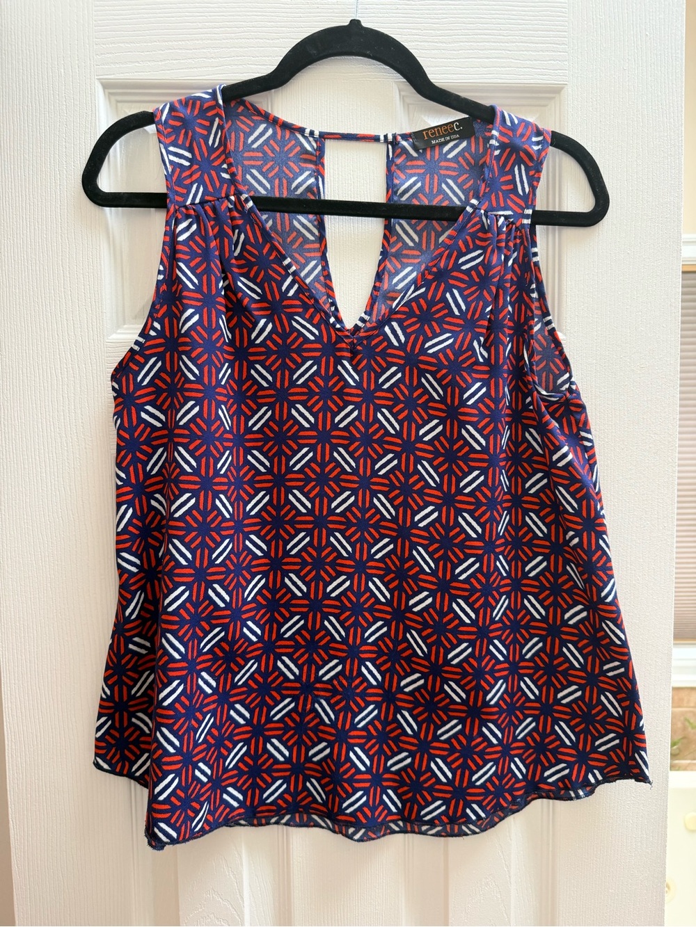 Renee C. Navy Red and White Geometric Sleeveless V-Neck Camisole